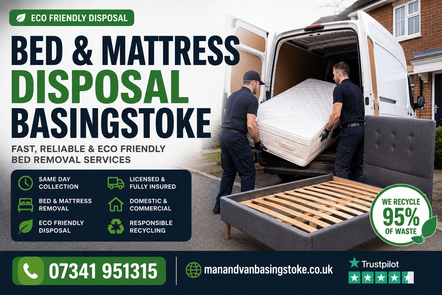 Professional same day bed and mattress disposal Basingstoke service with two workers loading a clean mattress into a removals van for eco friendly waste clearance across Hampshire.